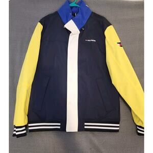 Tommy Hilfiger Colorblock Men Yellow Blue Windbreaker Rain Jacket Hood Heavy M‎